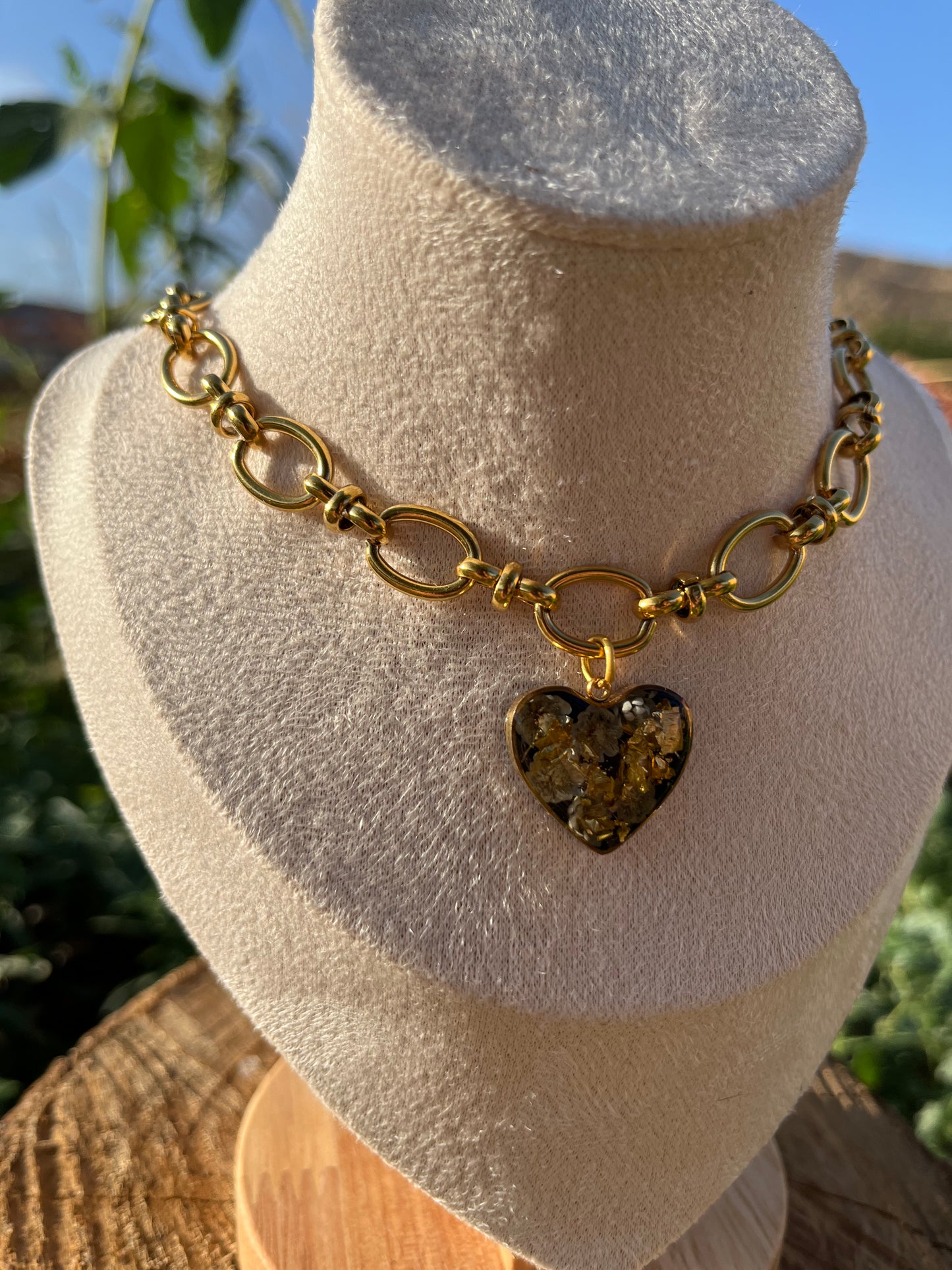 Heart Pendant Necklace with Dried Flowers and Gold Flakes