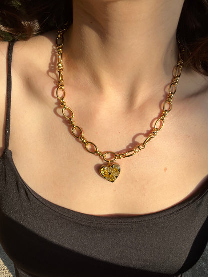 Heart Pendant Necklace with Dried Flowers and Gold Flakes