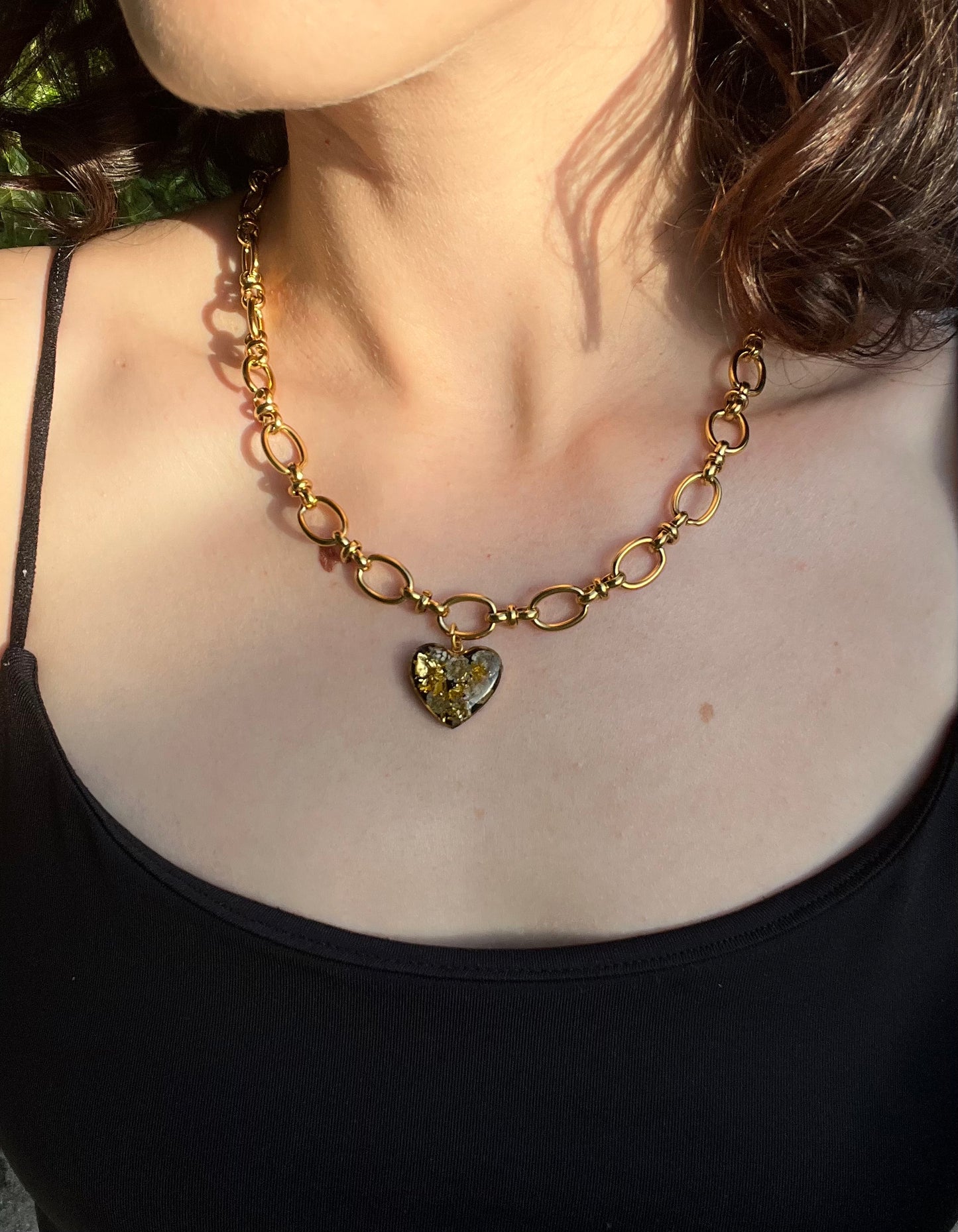 Heart Pendant Necklace with Dried Flowers and Gold Flakes