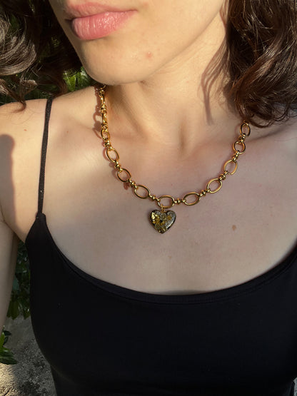 Heart Pendant Necklace with Dried Flowers and Gold Flakes