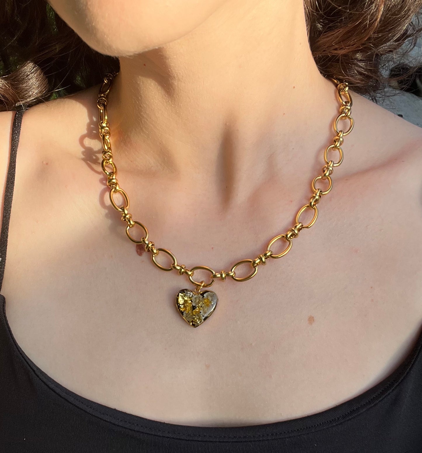 Heart Pendant Necklace with Dried Flowers and Gold Flakes